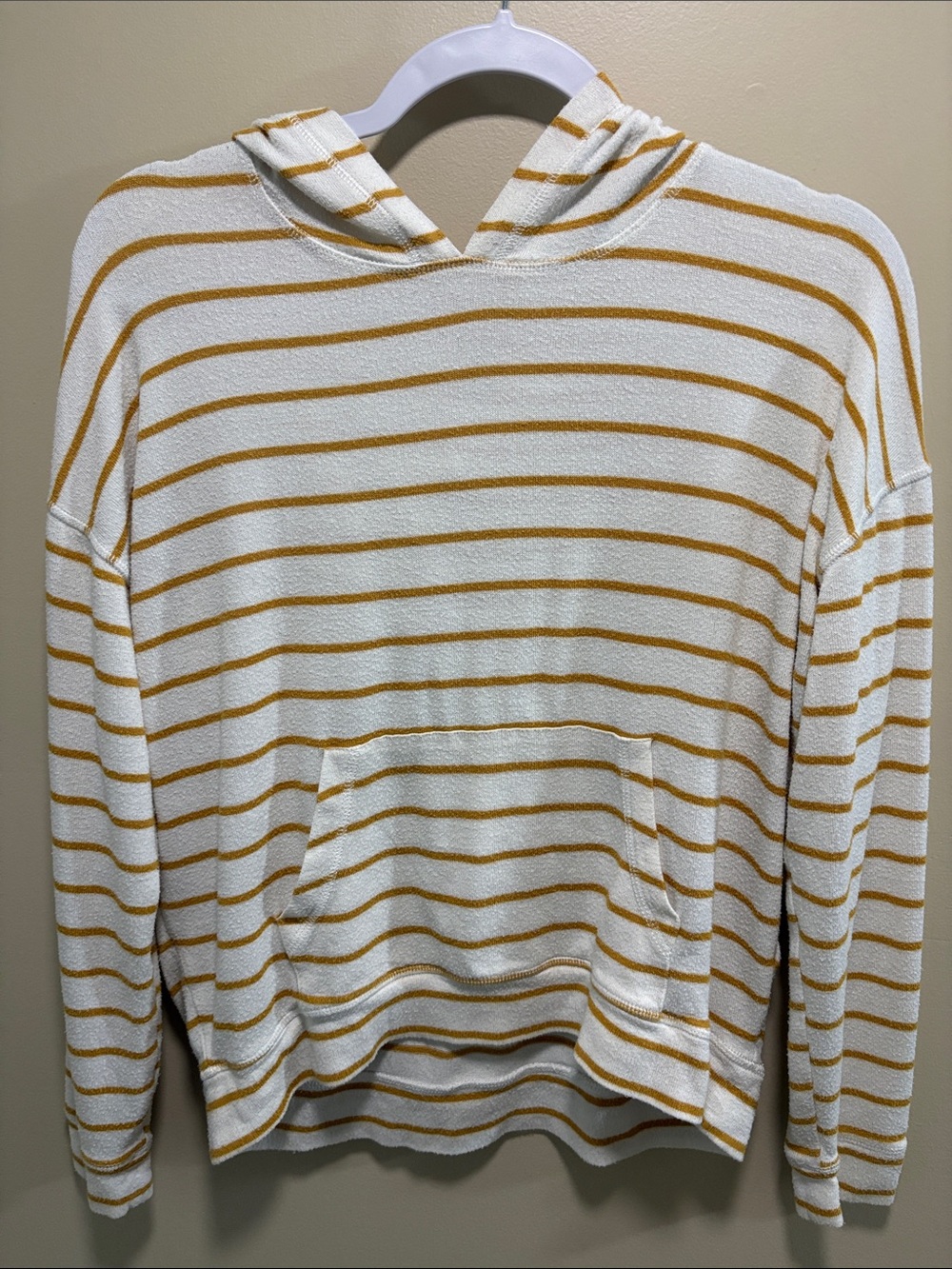 American Eagle Cream & Mustard Striped Hooded Pullover